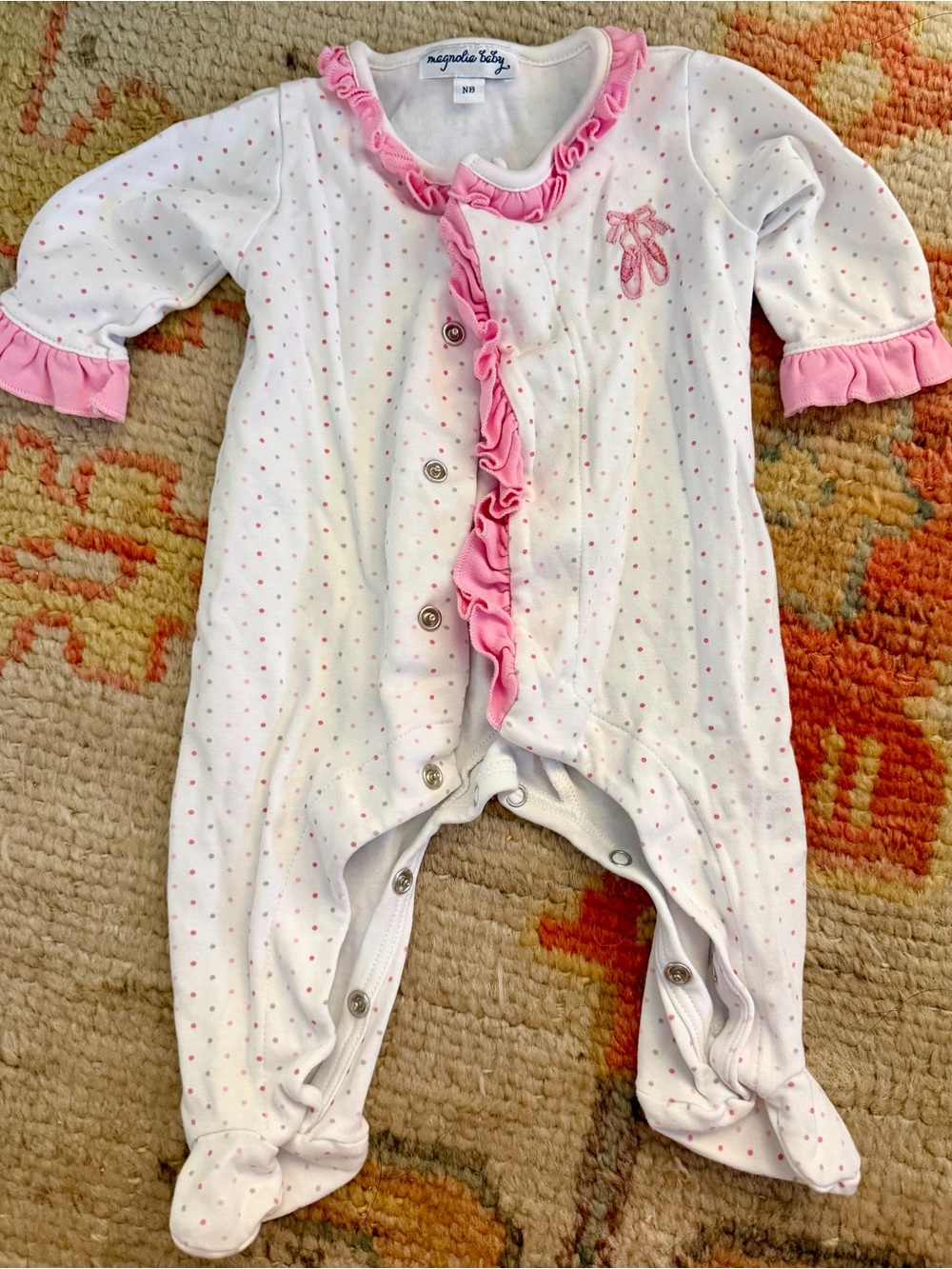 Magnolia White Footed One-Piece with Pink Ruffles and Polka Dots